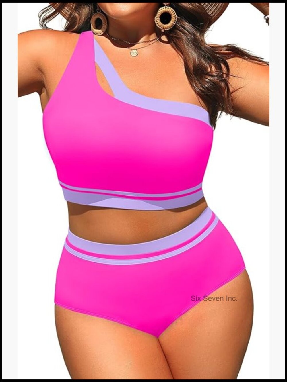 Plus Size High Waisted One Shoulder Bikini Two Piece Swimsuit Color Block